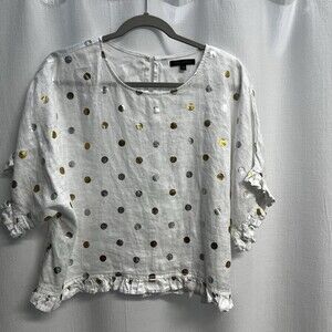 For Cynthia 100% Linen White Cropped Boxy Top Silver & Gold Polka Dot Medium